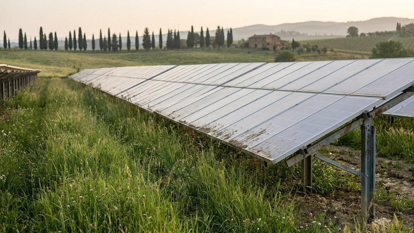 Pannelli fotovoltaici a terra ed erba alta