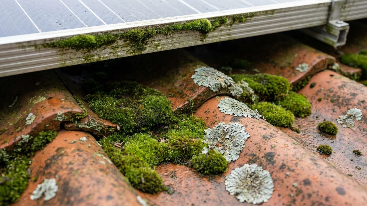 Muschio, licheni e alghe su tetto e pannelli fotovoltaici