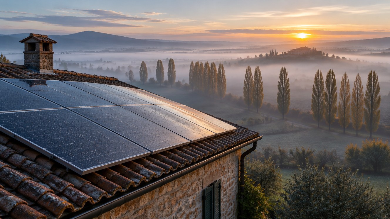 Nebbia e rugiada sui pannelli fotovoltaici: la patina del mattino