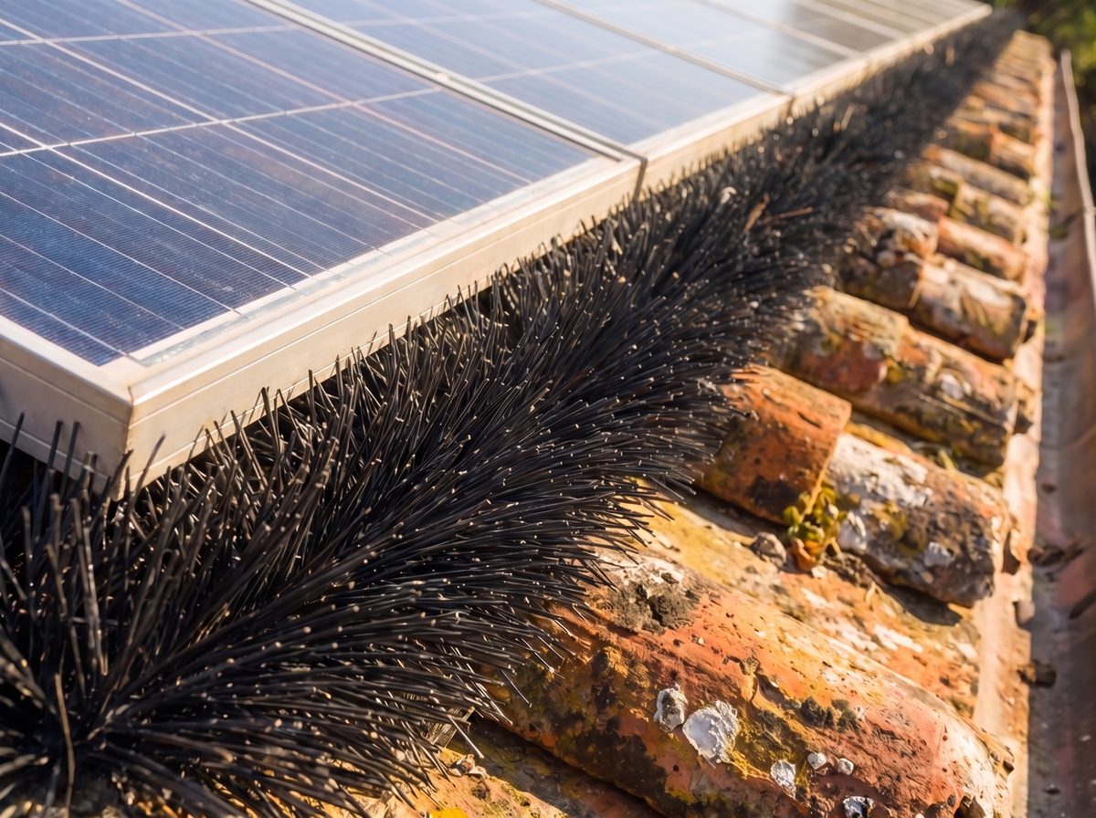 Spazzola antipiccione installata sul bordo dei pannelli fotovoltaici su un tetto in tegole